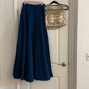 Blue Skirt and Embellished Gold Crop Top Set